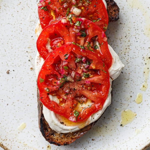 Marinated Tomatoes + Cashew Cream Cheese On Toast